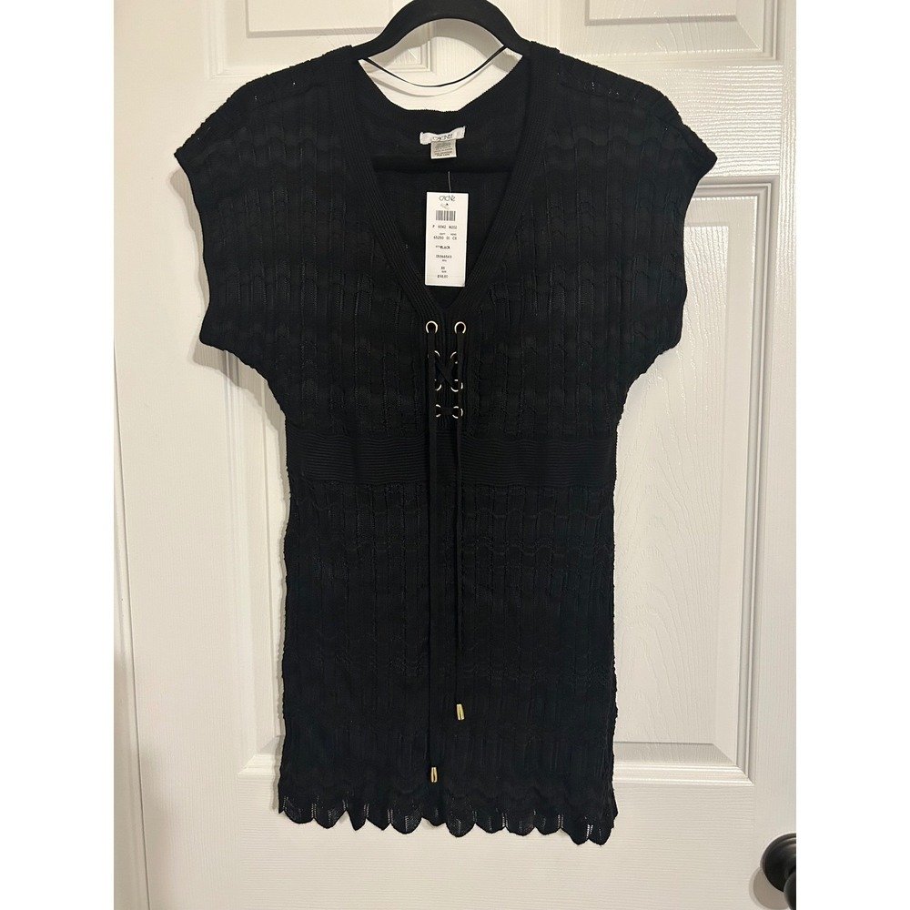Cache Black Lace Up V-Neck Knit Tunic Top Sleeveless Scalloped Hem XS NWT
